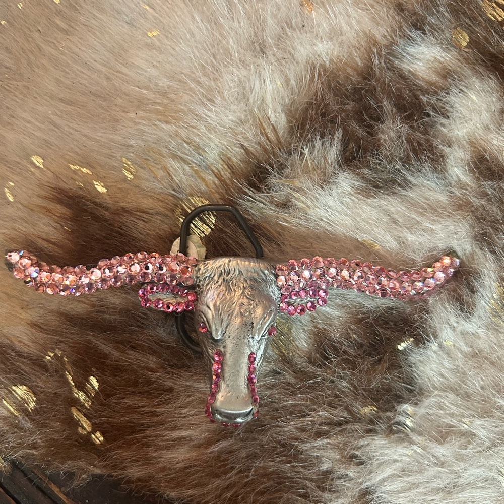 Silver and Pink Rhinestone Bull belt buckle